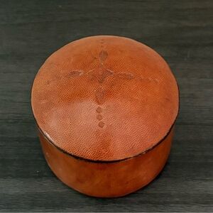 Vintage Hand Tooled Leather Round Trinket Box